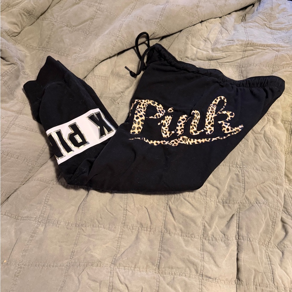 PINK Black Leopard Logo Sweatpants